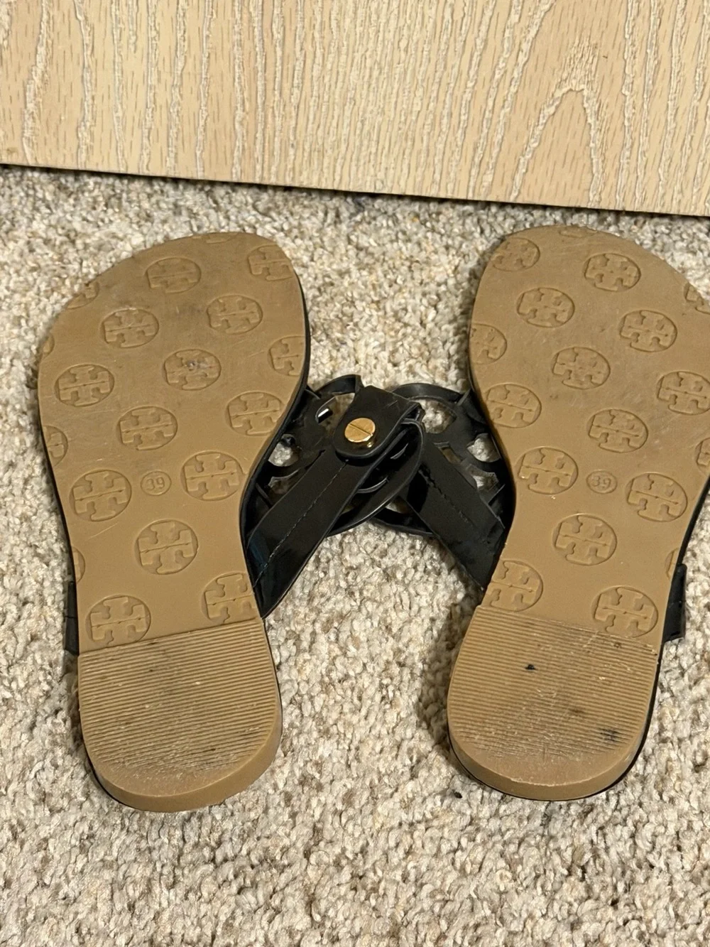 Tory Burch Black Patent Logo Thong Sandals with Gold Accents